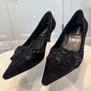 Prada Black Suede Beaded Embellished Pointed-Toe Heels (38.5)